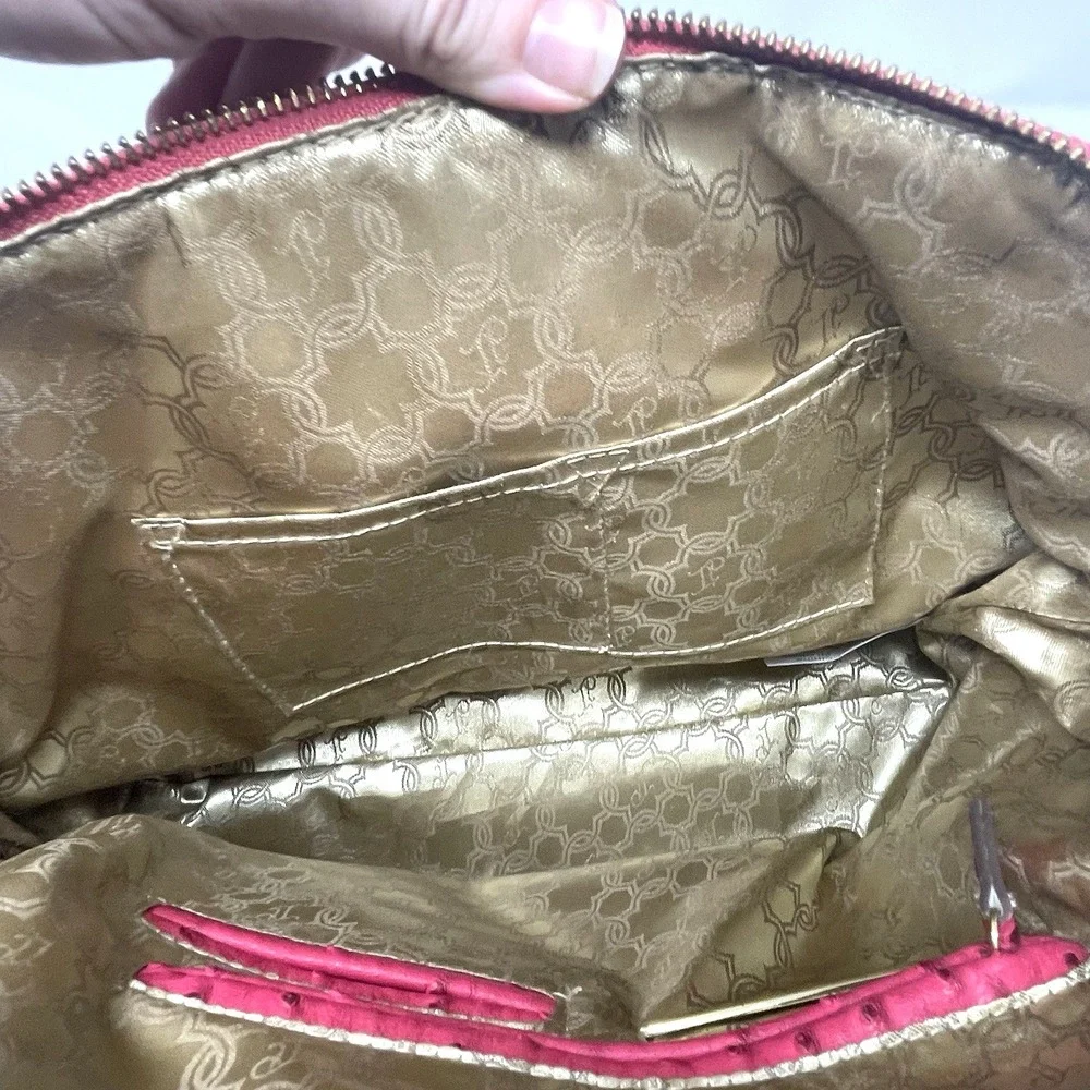 Ivanka Trump Ava Dome Satchel Pink Ostrich Embossed Handbag Gold Hardware Purse